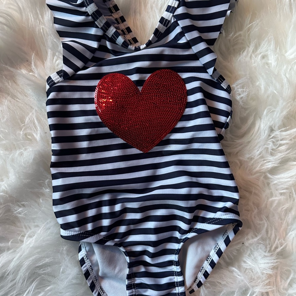 Cat & Jack Black and White Striped Kids Swim One Piece with Red Heart